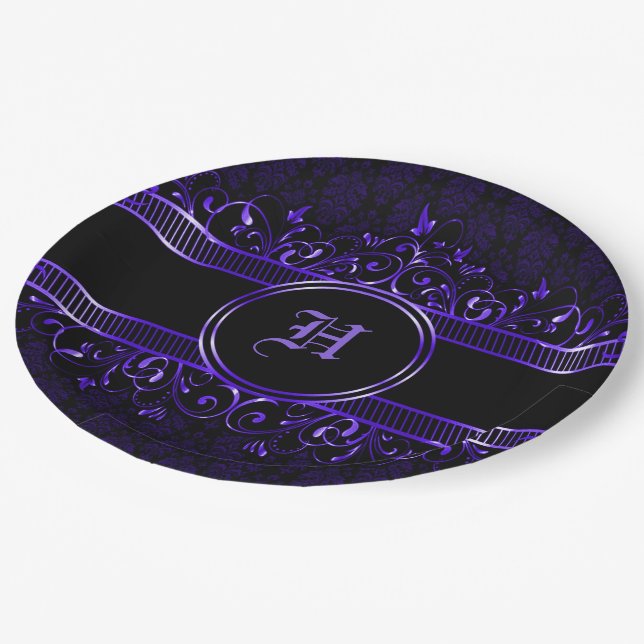 Plato De Papel Monogramado gótico negro y morado (Angular)