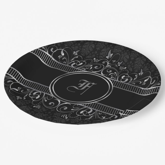 Plato De Papel Monogramado gótico negro y plateado (Angular)