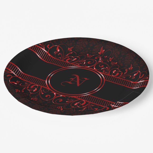 Plato De Papel Monogramado gótico negro y rojo (Angular)