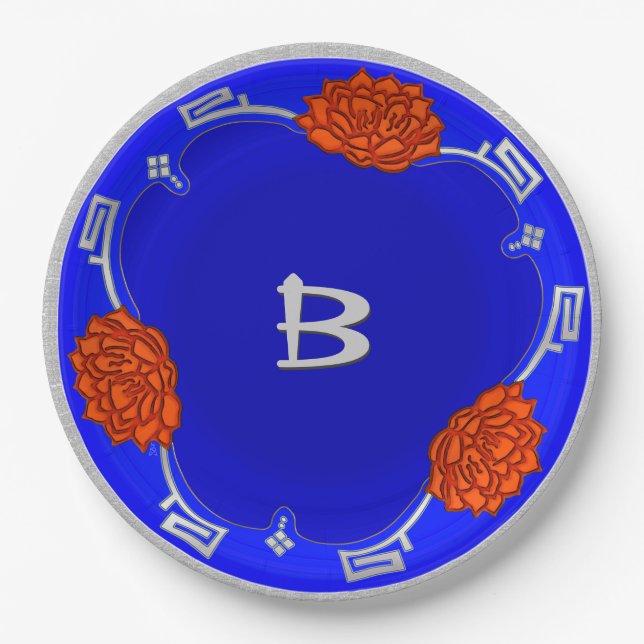 Plato De Papel Monogramado Lotus Blossom - Azul, Rojo, Plata (Anverso)