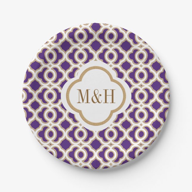 Plato De Papel Monogramado morado y Boda marroquí dorado (Anverso)