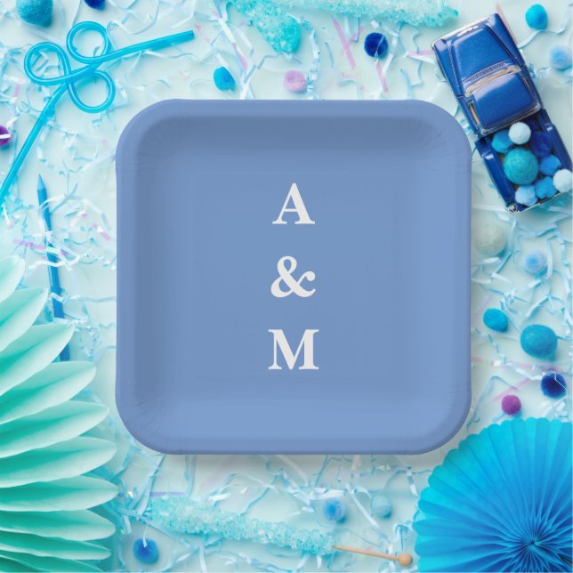 Plato De Papel Monogramas Azules de Aciano Iniciales Elegante Bod (Fiesta)