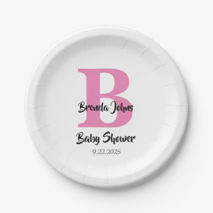 Plato De Papel Monogramas Baby Shower blanco rosado lindo elegant