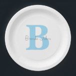 Plato De Papel Monogramas Blue Birday Baby Showers Nombre persona<br><div class="desc">Diseñado con plantillas de texto para el primer y el nombre monogramado que puede personalizar! Ideal para duchas de bebé,  cumpleaños,  duchas de novias y más!</div>