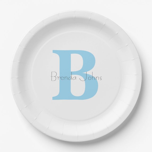 Plato De Papel Monogramas Blue Birday Baby Showers Nombre persona (Anverso)