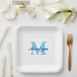 Plato De Papel Monogramas Cumpleaños Azules Bautizos Elegantes<br><div class="desc">Diseñado con plantillas de texto para inicial y nombre monogramado que puedes personalizar. ¡Ideal para baby showers,  cumpleaños,  despedidas de soltera y más!</div>