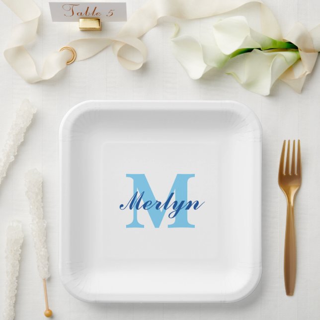 Plato De Papel Monogramas Cumpleaños Azules Elegantes para Baby S (Boda)