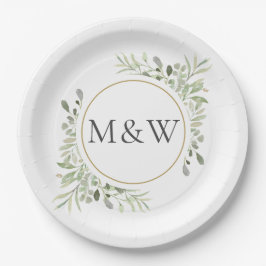 Plato De Papel Monogramas Iniciales de Foliaje Acuarela Verde