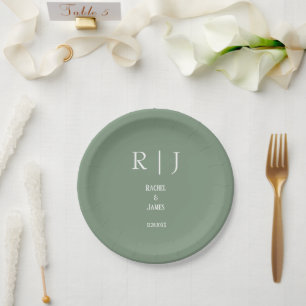 Plato De Papel Monogramas Verde Salvia Elegantes y Modernos para 