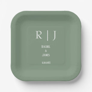Plato De Papel Monogramas verdes sage Boda simple mínimo moderno