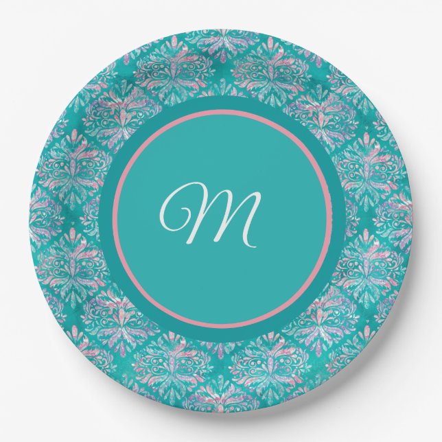 Plato De Papel Monogramed Teal Pattern Napkins (Anverso)