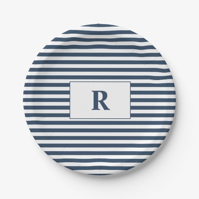 Plato De Papel Monogrammed Blue/White Stripes (Anverso)