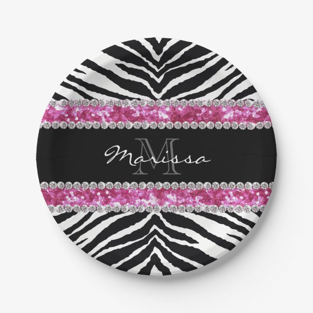 Plato De Papel Monogrammed Faux Purpurina Bling Diamante de imita (Anverso)