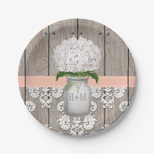 Plato De Papel Monogrammed Mason Jar Peach Hydrangea Boda (Anverso)