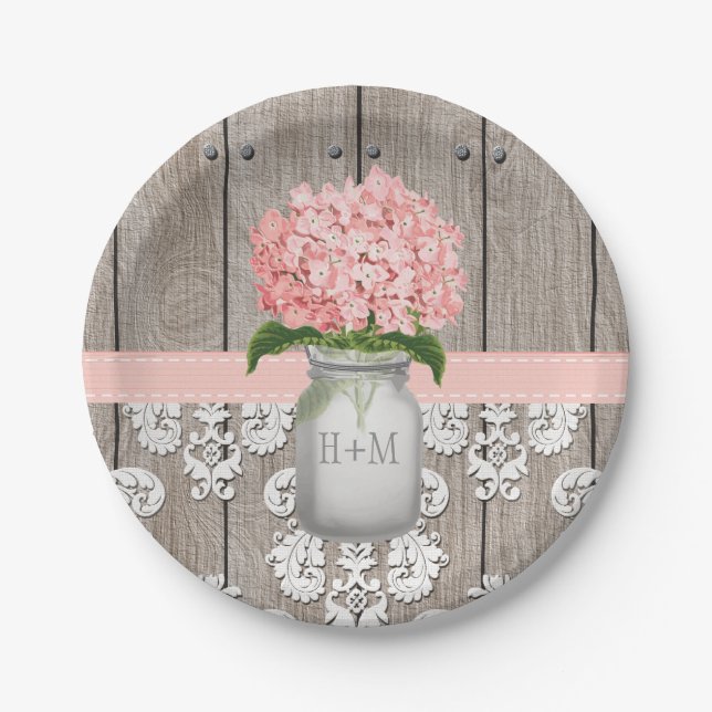 Plato De Papel Monogrammed Mason Jar Pink Hydrangea Boda (Anverso)