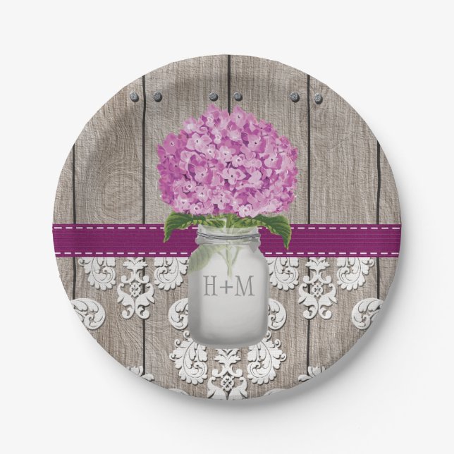 Plato De Papel Monogrammed Mason Jar Plum Hydrangea Boda (Anverso)