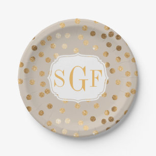 Plato De Papel Monogrammed Pale Tan y puntos Purpurinas Gold