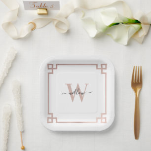 Plato De Papel Monogramo de la llave griega rosa blanca y Rosa de