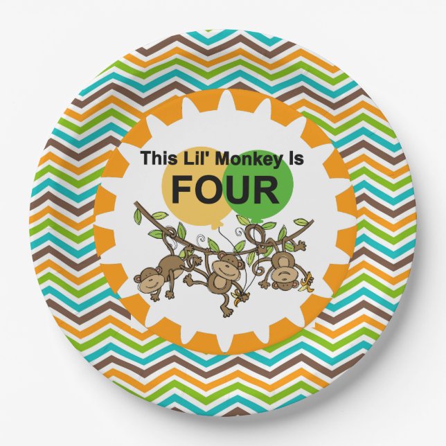 Plato De Papel Monos pequeños 4 Placas de papel de cumpleaños (Anverso)