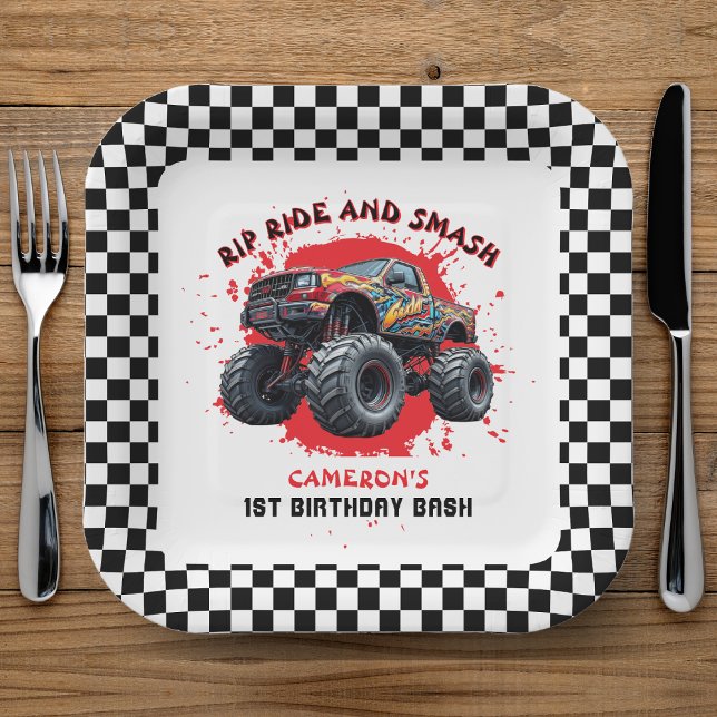 Plato De Papel Monster Camión Smash Bandera de Verificación Prime (Monster Truck Smash Checkered Flag 1st Birthday Paper Plates
)