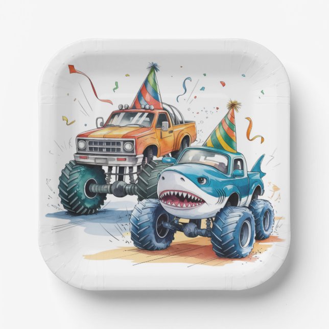 Plato De Papel Monster Shark Truck Birthday Bash acuarela (Anverso)