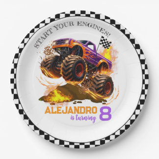 Plato De Papel Monster Truck Birthday Fire Flames 