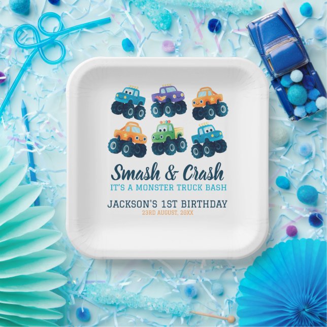 Plato De Papel Monster Truck Boys Cute Boys Cumpleaños (Fiesta)