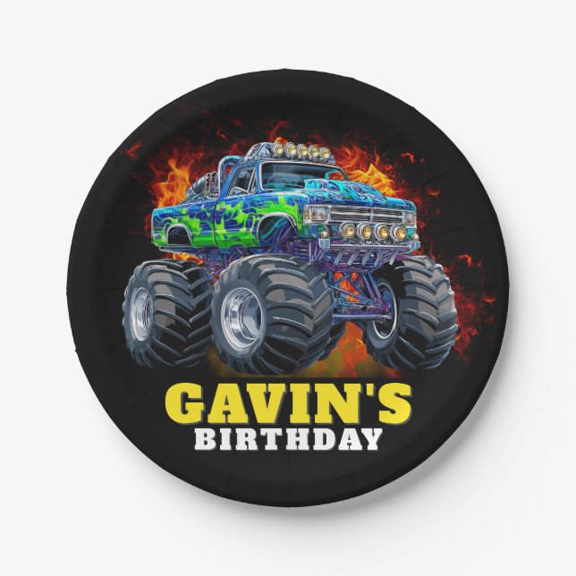 Plato De Papel Monster Truck fiesta de cumpleaños personalizada (Anverso)