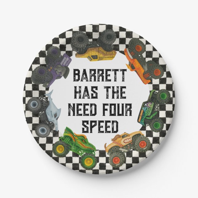 Plato De Papel Monster Truck Jam Fiestas Plates - 4 cumpleaños (Anverso)