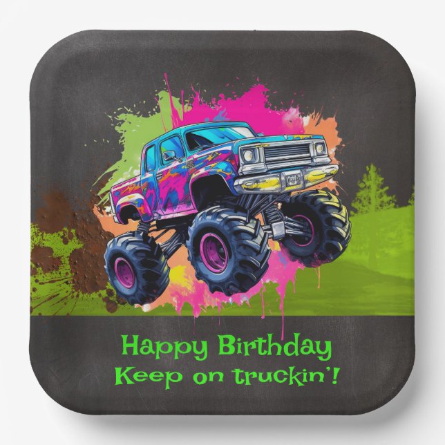 Plato De Papel Monster Truck Neon Boy Birthday Party (Anverso)