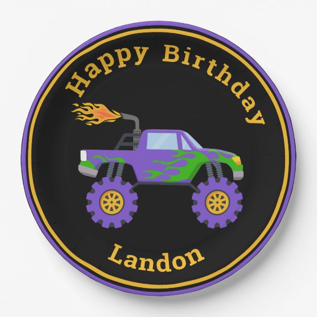 Plato De Papel Monster Truck Nombre personalizado Guay Cumpleaños (Anverso)