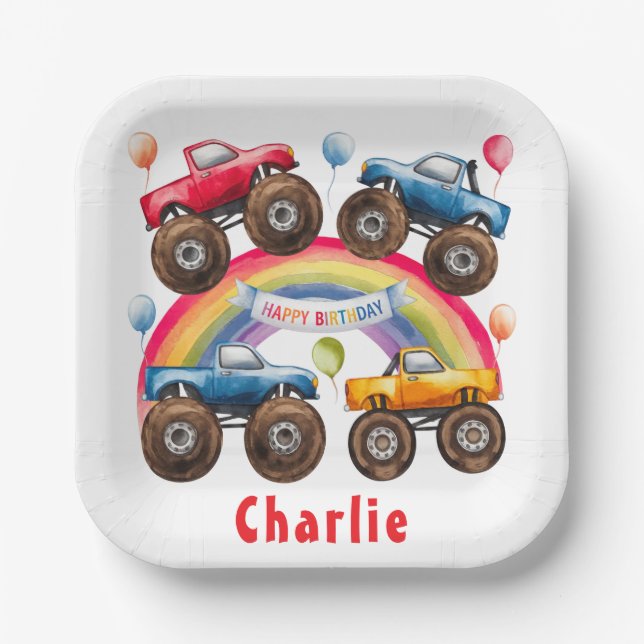 Plato De Papel Monster Truck Rainbow Boy Birday Bash (Anverso)