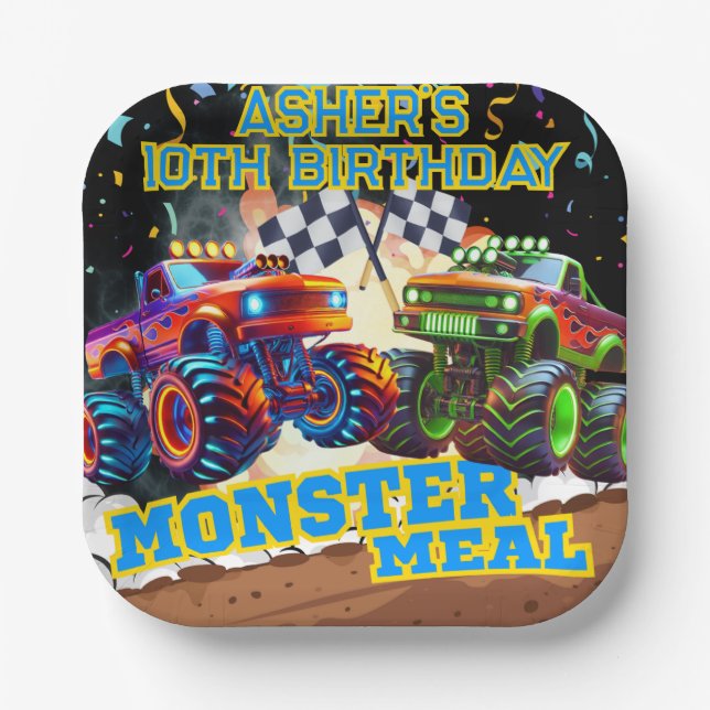 Plato De Papel Monster Truck Showdown High-Speed Carreras Square (Anverso)