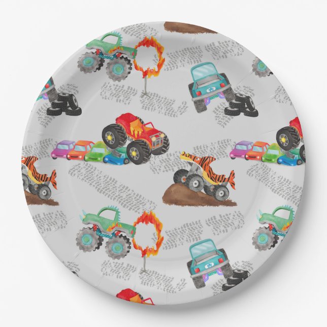 Plato De Papel Monster Truck Stuns Watercolor Pattern Gris (Anverso)