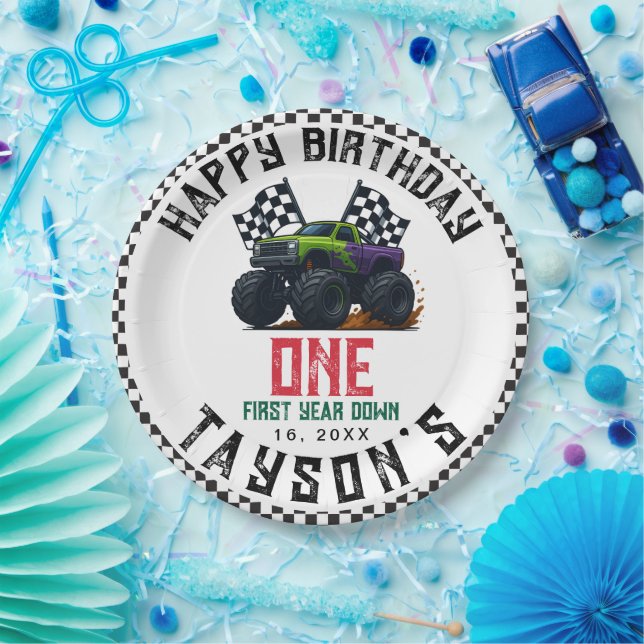 Plato De Papel Monster Trucks 1st Birthday Vroom Party (Fiesta)