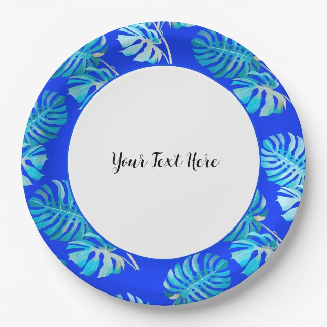 Plato De Papel Monstera Brisa Azul Cobalto (Anverso)