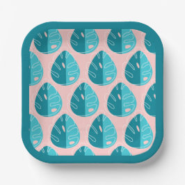 Plato De Papel Monstera Leaves - Blue and Pink