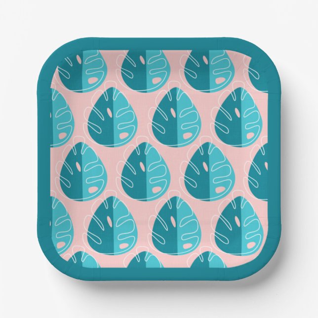 Plato De Papel Monstera Leaves - Blue and Pink (Anverso)