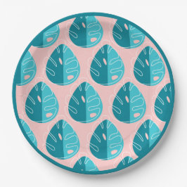 Plato De Papel Monstera Leaves - Blue and Pink