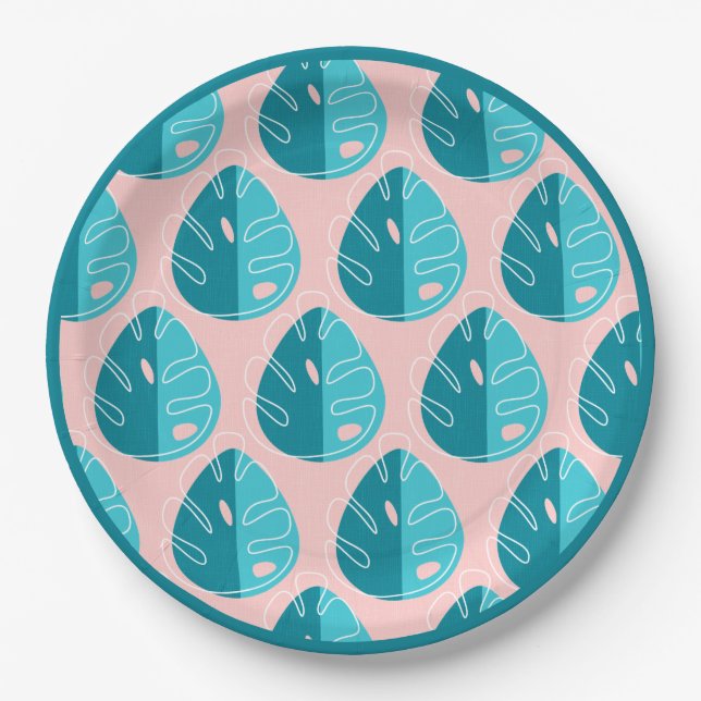 Plato De Papel Monstera Leaves - Blue and Pink (Anverso)