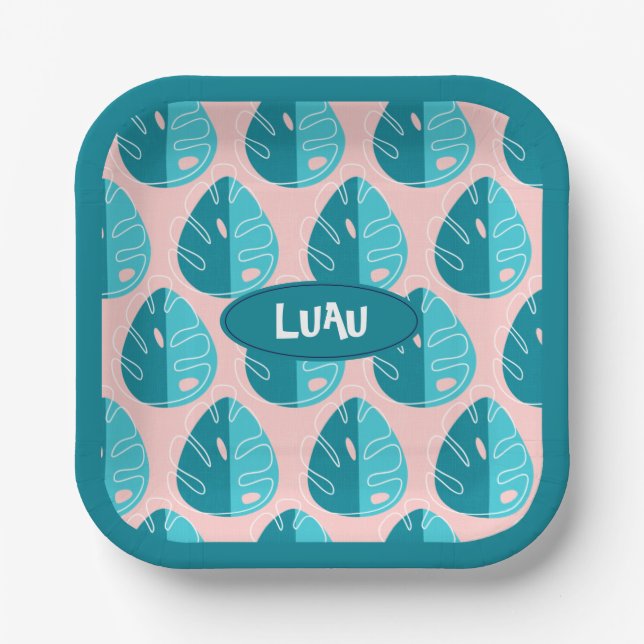 Plato De Papel Monstera Leaves - Blue and Pink (Anverso)