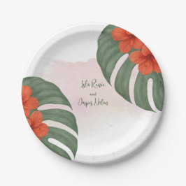 Plato De Papel Monstera Tropical e Hibiscus Boda