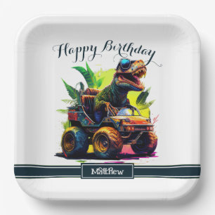 Plato De Papel Monstruo de ciclismo de cola T-Rex cumpleaños de d