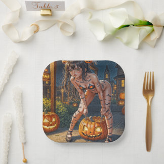 Plato De Papel Monstruo de Halloween Jack-o-Lantern y Chica de Ba