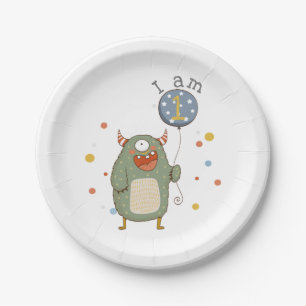 Plato De Papel Monstruo de personalizable con globo de cumpleaños