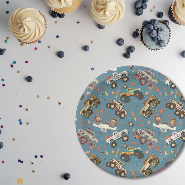 Plato De Papel Monstruo moderno Camión cumpleaños acuarela azul (Subido por el creador)