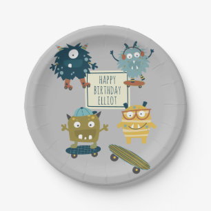 Plato De Papel Monstruos Cute Skateboard Personalizados Cumpleaño