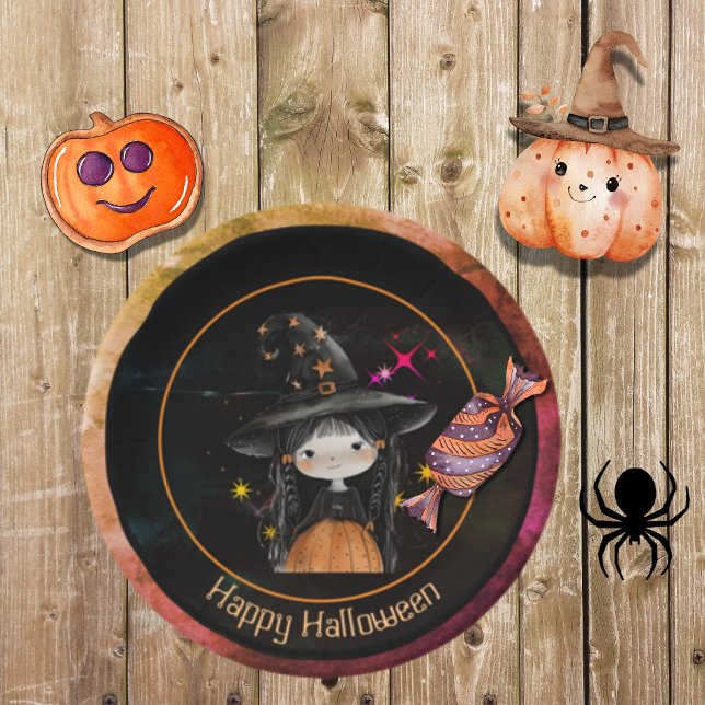 Plato De Papel Monstruos de Halloween Pequeña Bruja (Halloween Monsters Little Witch Paper Plates)