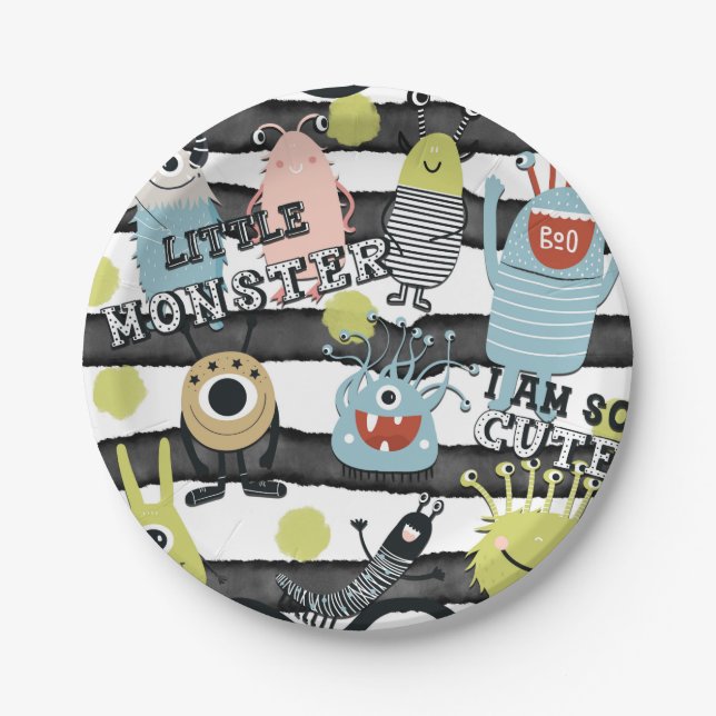 Plato De Papel Monstruos Pequeños y Lindos Moderno Chic Estampado (Anverso)