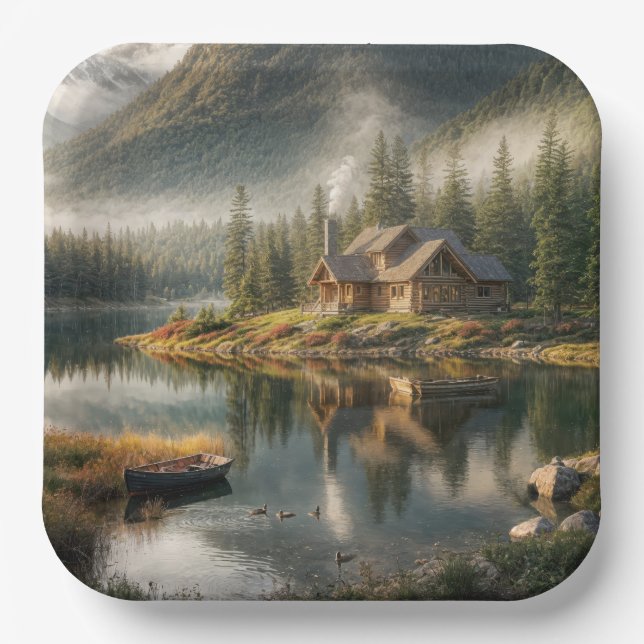 Plato De Papel Montaña Lake Cabin con bote de remos (Anverso)